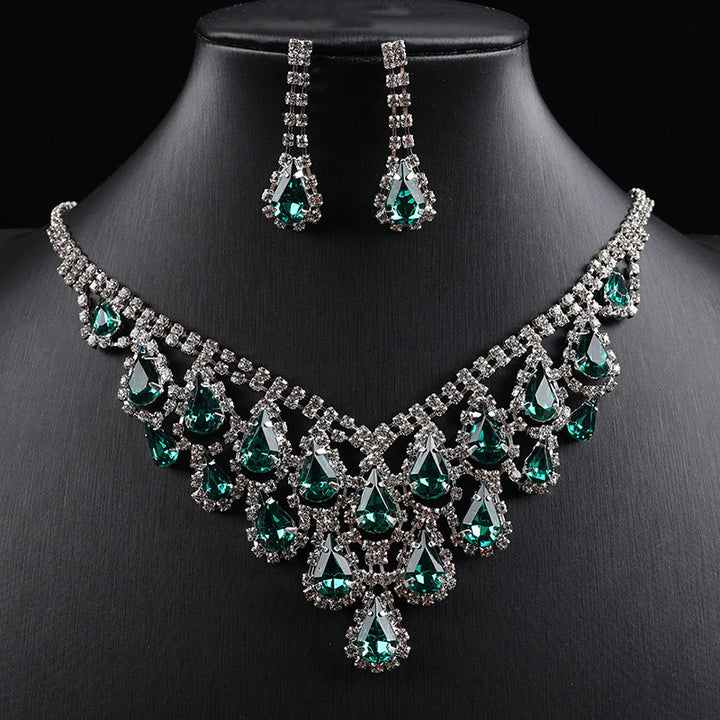 Teardrop Colored Gem Diamond Halo Bib Jewelry Set, Silver Gala Necklace & Drop Earring Kit