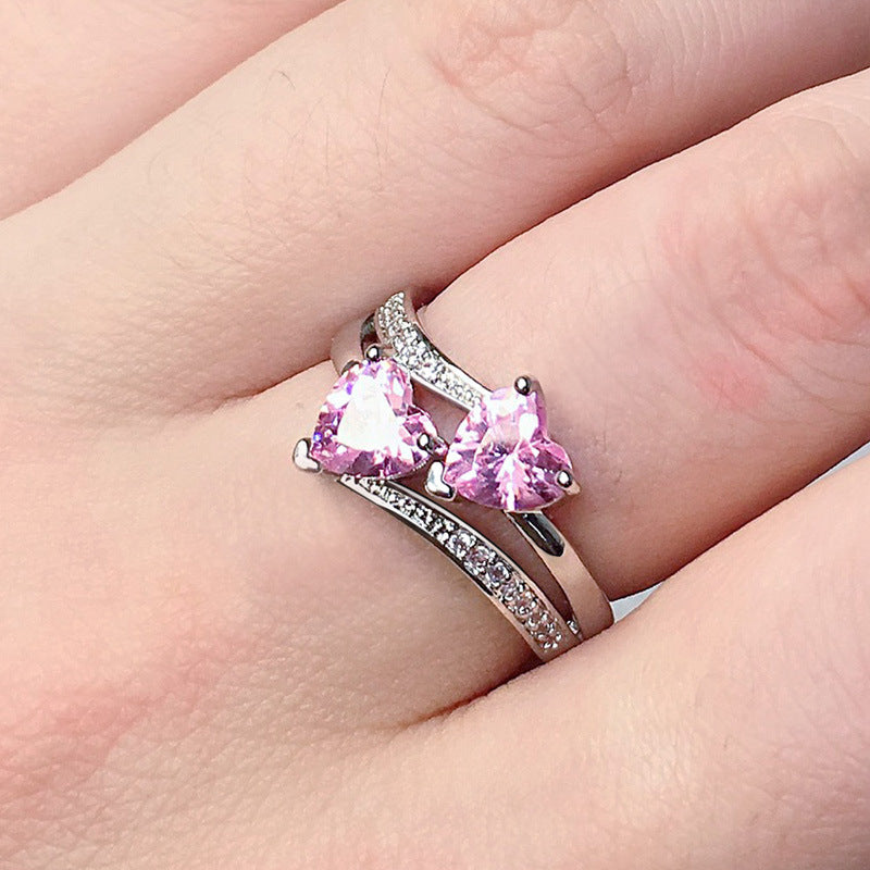 Two Heart Gemstone Twisted Band Ring, Multi-color Optional Romantic Statement Ring for Women