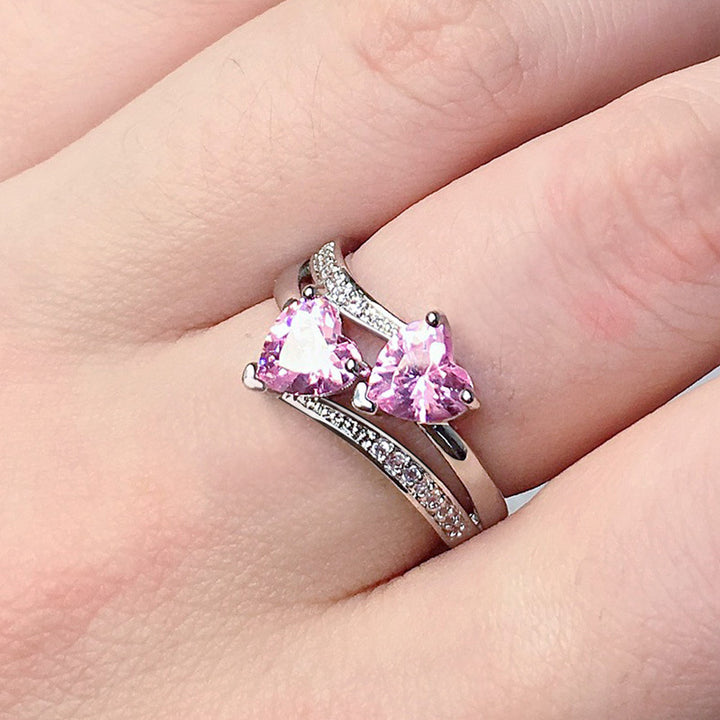 Two Heart Gemstone Twisted Band Ring, Multi-color Optional Romantic Statement Ring for Women