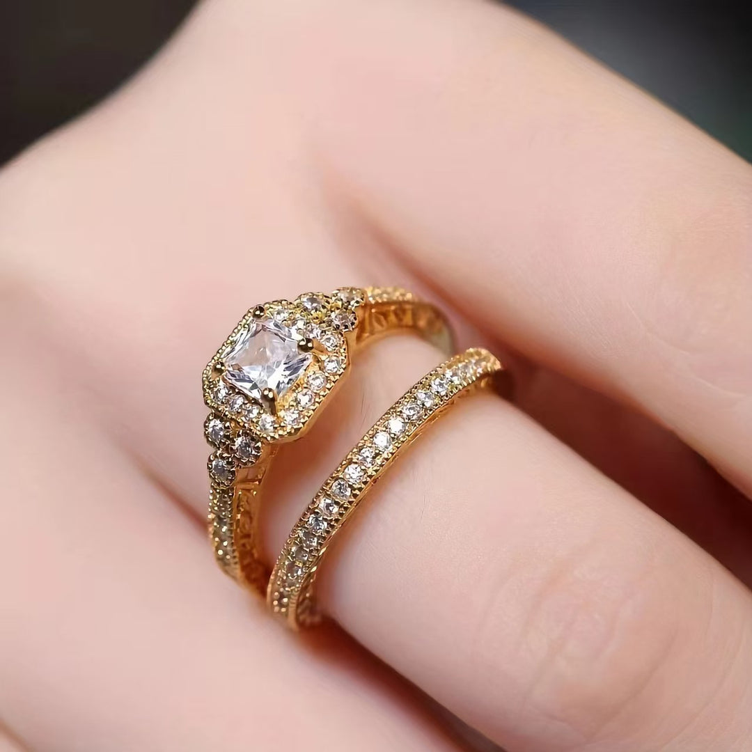 Vintage Halo Stackable Ring Set, Square Cut Diamond Matching Wedding Band Rings for Women