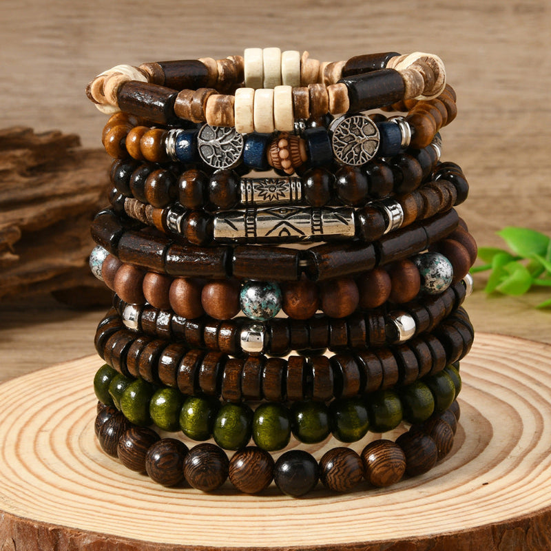 Boho Multi‑Layer Wooden Bead Stackable Bracelet Sets, Vintage Ethnic Mixed‑Media Statement Wrist Jewelry