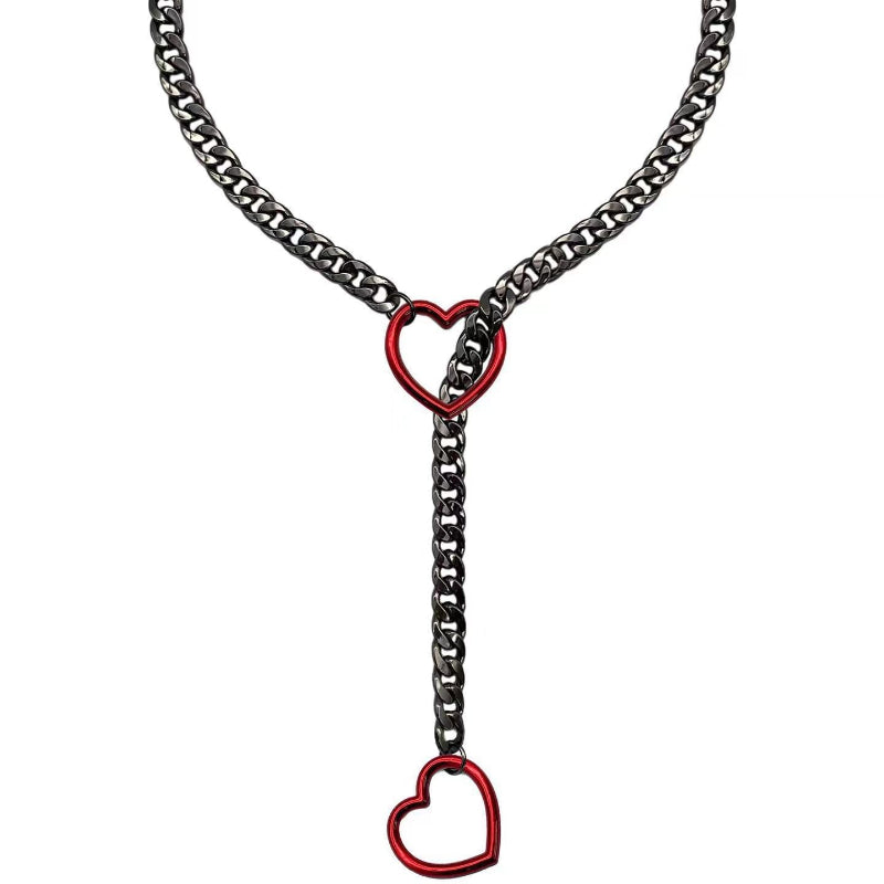 Variant Y-Drop Heart Cuban Chain Choker, Edgy Street Romantic Statement Necklace