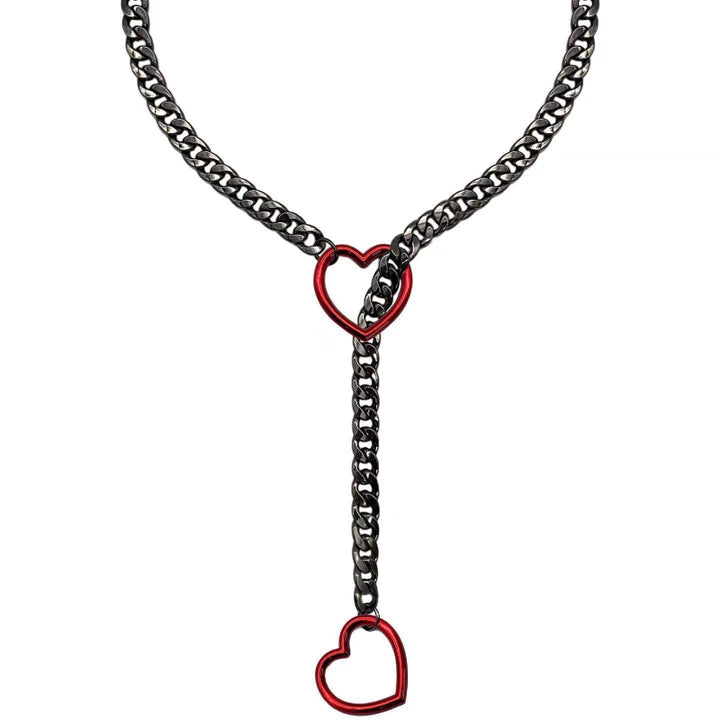 Variant Y-Drop Heart Cuban Chain Choker, Edgy Street Romantic Statement Necklace