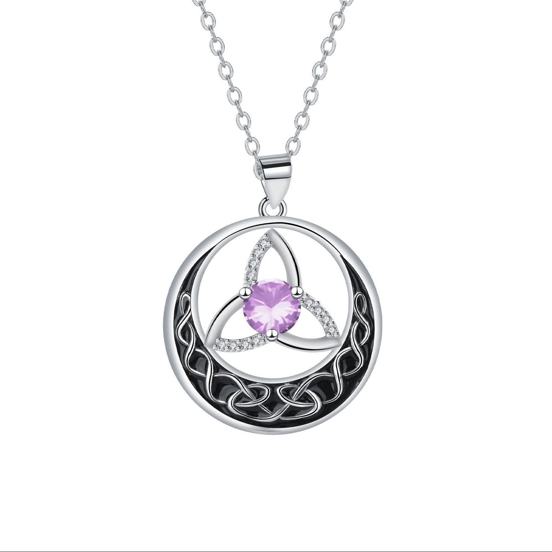 Celtic Trinity Knot Moon Pendant Necklace, S925 Silver, 12 Birthstone Color Options
