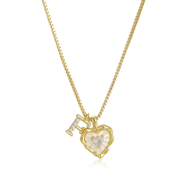 26 Letters Custom Initial Mother-of-Pearl Heart Pendant Necklace, 14K Gold Dainty Personalized Collarbone Jewelry