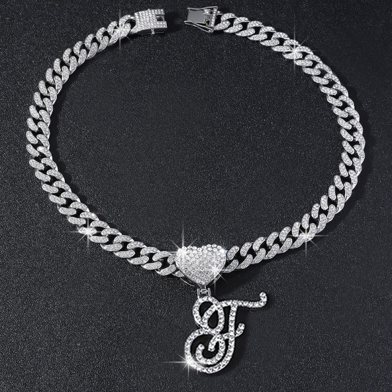 Cursive Initial Letter Necklace With Heart Charm Iced‑Out Cuban Chain, Hip-Hop/Punk Style