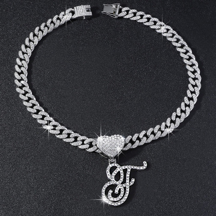 Cursive Initial Letter Necklace With Heart Charm Iced‑Out Cuban Chain, Hip-Hop/Punk Style