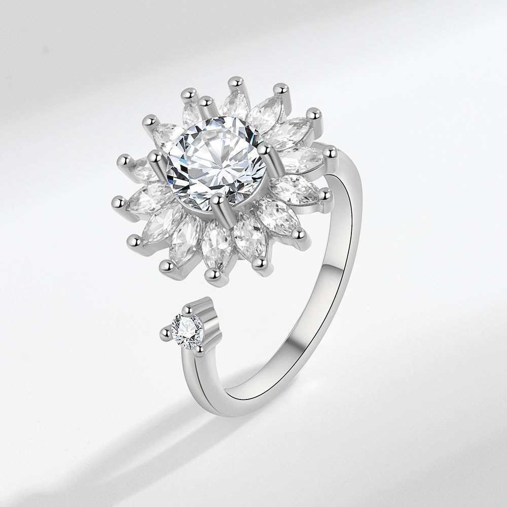 Rotatable Fidget Open Rings, Sunflower Star Moon Diamond Anxiety Relief Rings