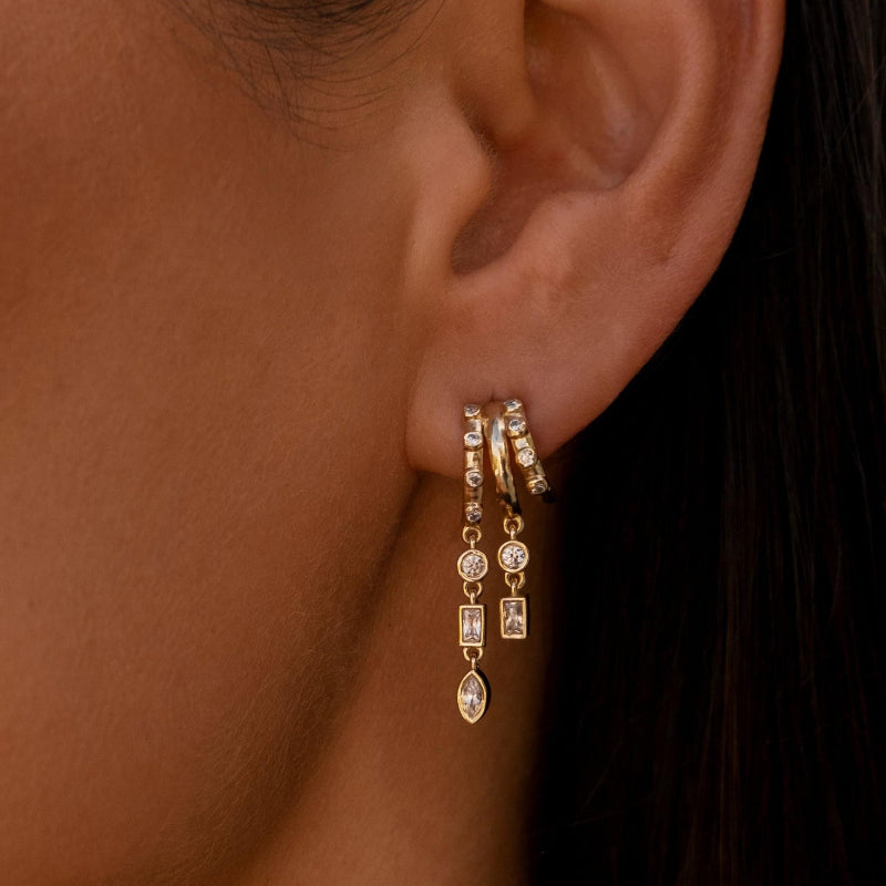 Multi‑Style Gold Triple‑Hoop Dangle Drop Earrings, Paved Diamond Tassel Chain Charm Huggie Earrings for Women