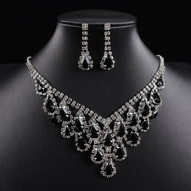 Teardrop Colored Gem Diamond Halo Bib Jewelry Set, Silver Gala Necklace & Drop Earring Kit