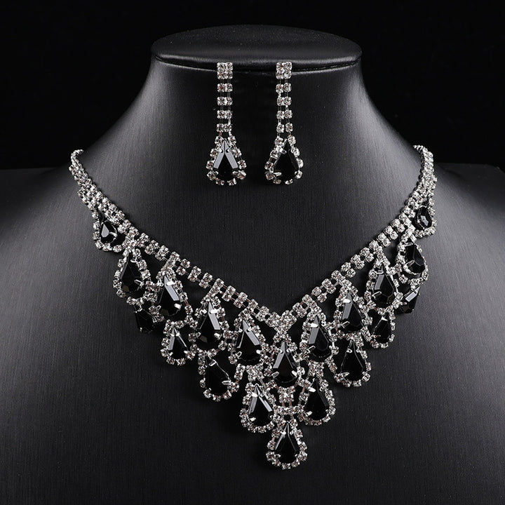 Teardrop Colored Gem Diamond Halo Bib Jewelry Set, Silver Gala Necklace & Drop Earring Kit