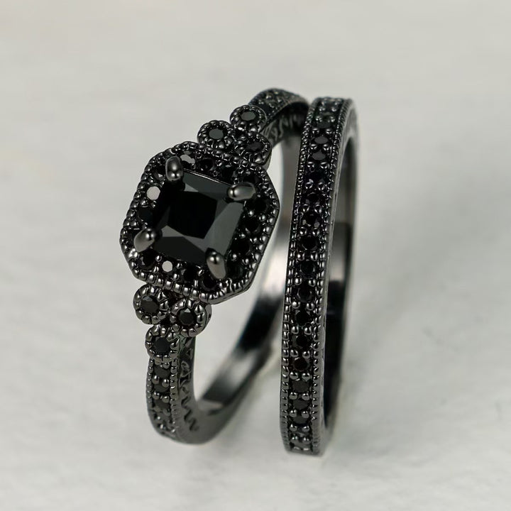 Vintage Halo Stackable Ring Set, Square Cut Diamond Matching Wedding Band Rings for Women