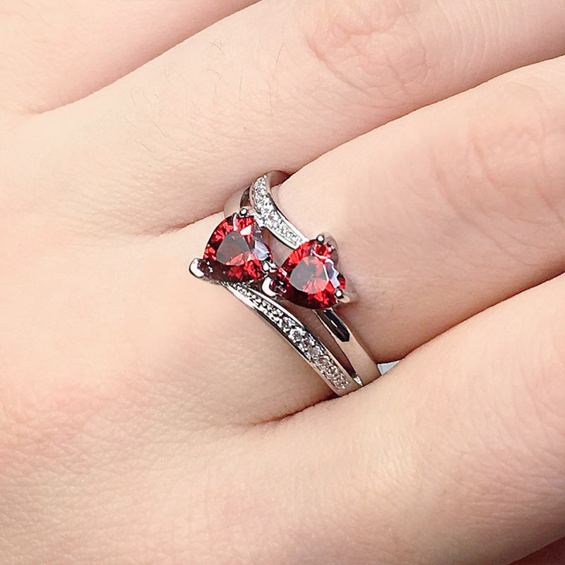 Two Heart Gemstone Twisted Band Ring, Multi-color Optional Romantic Statement Ring for Women