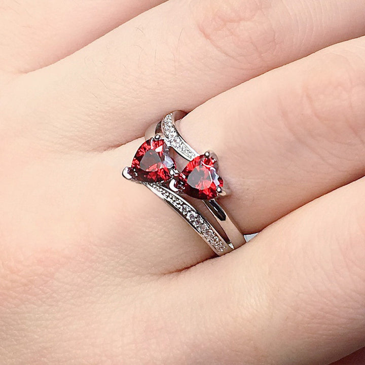 Two Heart Gemstone Twisted Band Ring, Multi-color Optional Romantic Statement Ring for Women