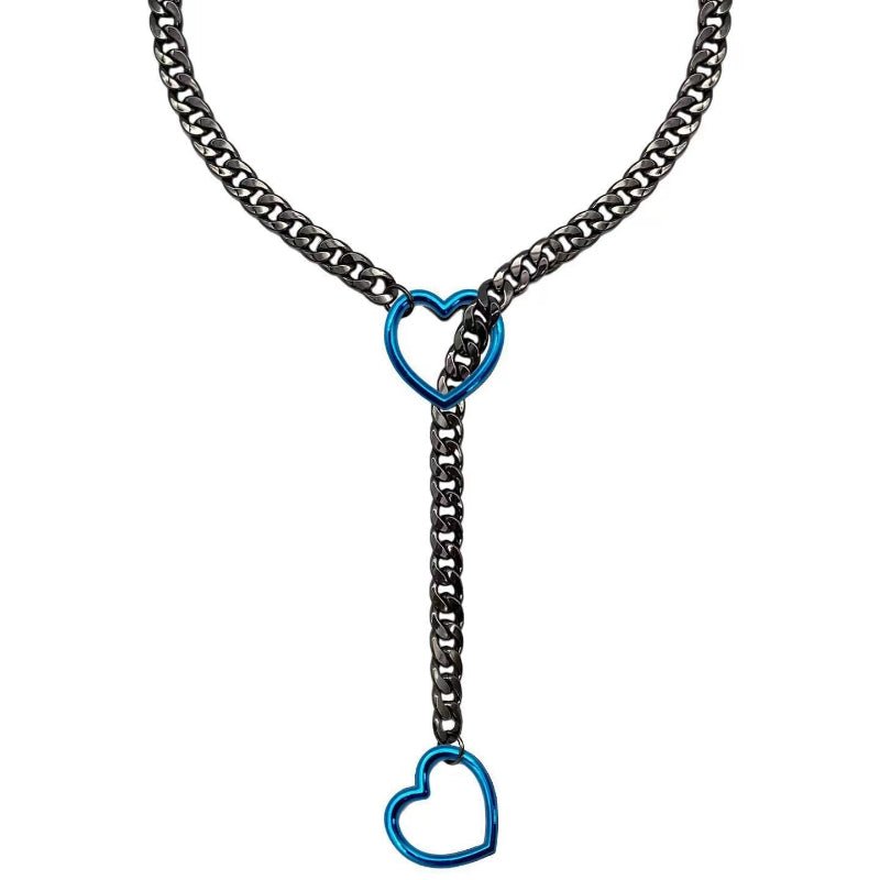 Variant Y-Drop Heart Cuban Chain Choker, Edgy Street Romantic Statement Necklace