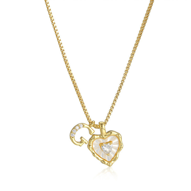 26 Letters Custom Initial Mother-of-Pearl Heart Pendant Necklace, 14K Gold Dainty Personalized Collarbone Jewelry