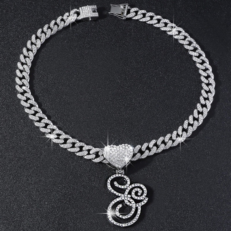 Cursive Initial Letter Necklace With Heart Charm Iced‑Out Cuban Chain, Hip-Hop/Punk Style