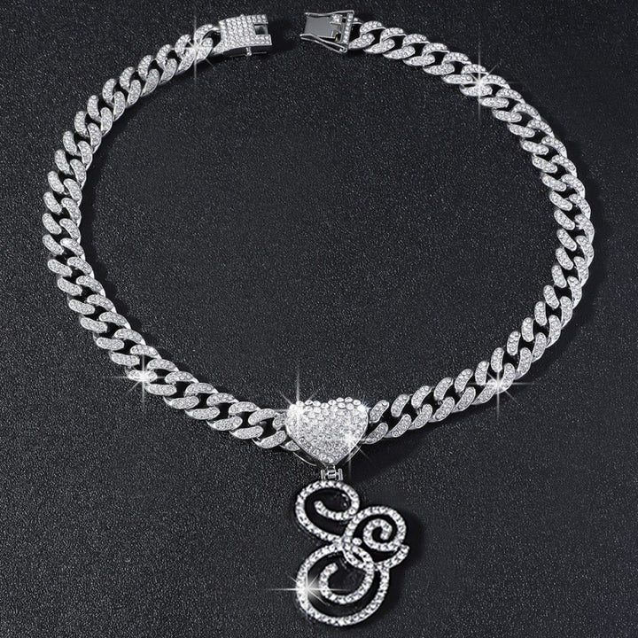 Cursive Initial Letter Necklace With Heart Charm Iced‑Out Cuban Chain, Hip-Hop/Punk Style