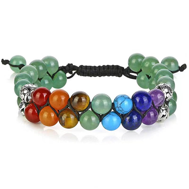 7 Chakra Double Layer Adjustable Braided Bracelet, Bohemian Raw Stone Bracelet Stackable Women Men Jewelry