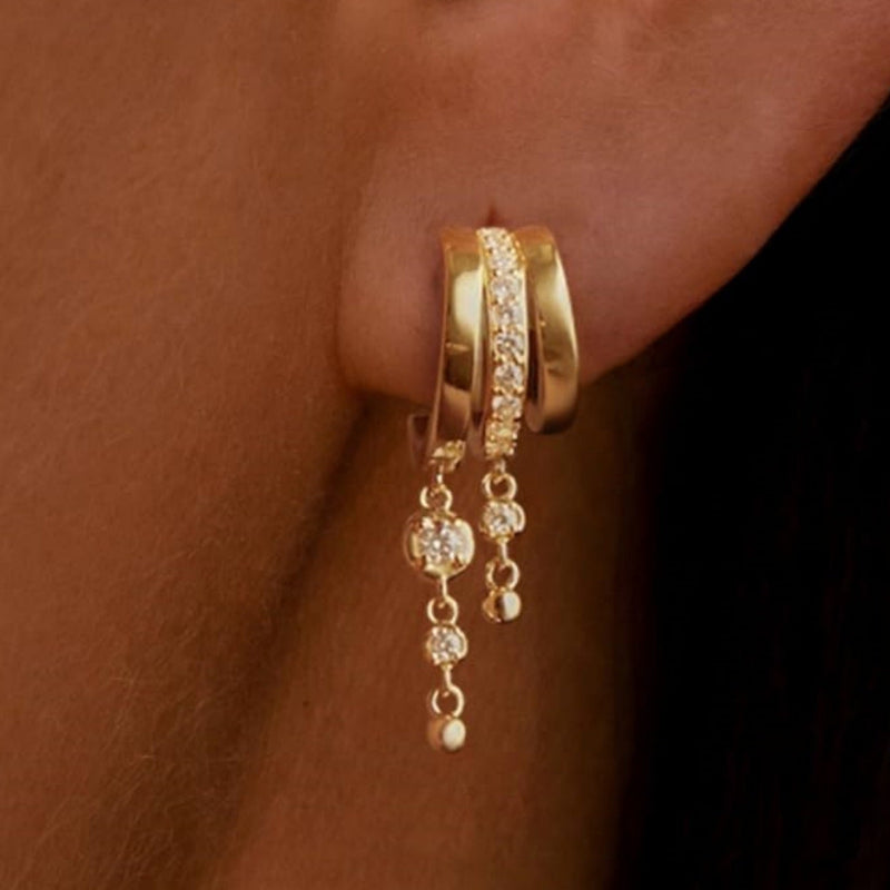 Multi‑Style Gold Triple‑Hoop Dangle Drop Earrings, Paved Diamond Tassel Chain Charm Huggie Earrings for Women