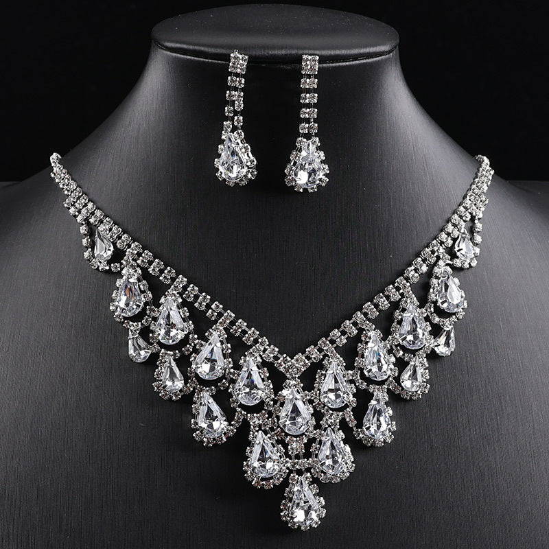 Teardrop Colored Gem Diamond Halo Bib Jewelry Set, Silver Gala Necklace & Drop Earring Kit