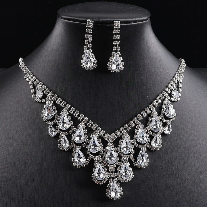 Teardrop Colored Gem Diamond Halo Bib Jewelry Set, Silver Gala Necklace & Drop Earring Kit