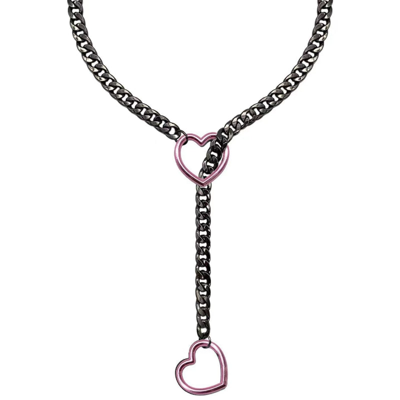 Variant Y-Drop Heart Cuban Chain Choker, Edgy Street Romantic Statement Necklace