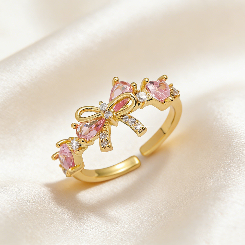 Cute Bow Open Ring, Pink Heart-Shaped Stone Bow Statement Ring for Women, 3 Color Available