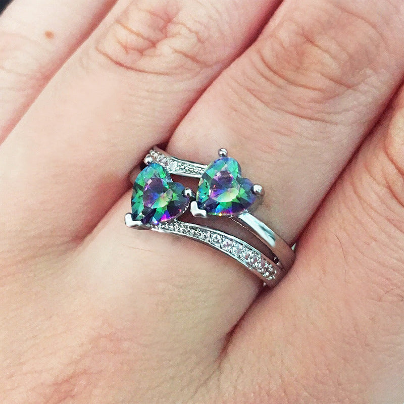 Two Heart Gemstone Twisted Band Ring, Multi-color Optional Romantic Statement Ring for Women