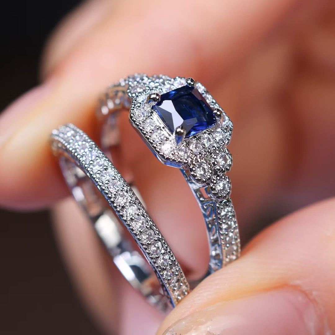 Vintage Halo Stackable Ring Set, Square Cut Diamond Matching Wedding Band Rings for Women