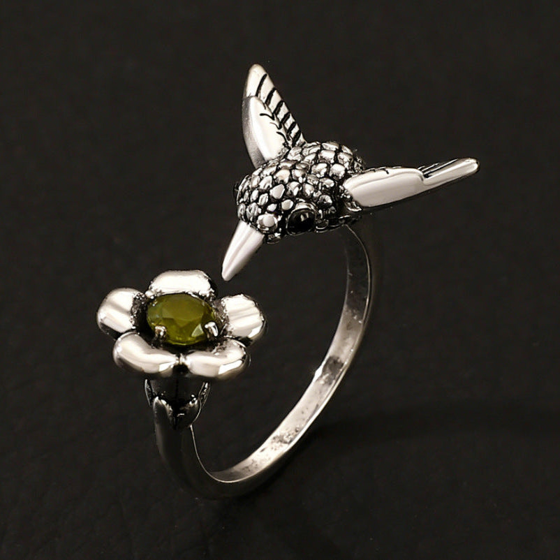 Vintage Nature Inspired Hummingbird &amp; Butterfly Flower Ring, Artistic Open Statement Rings for Women