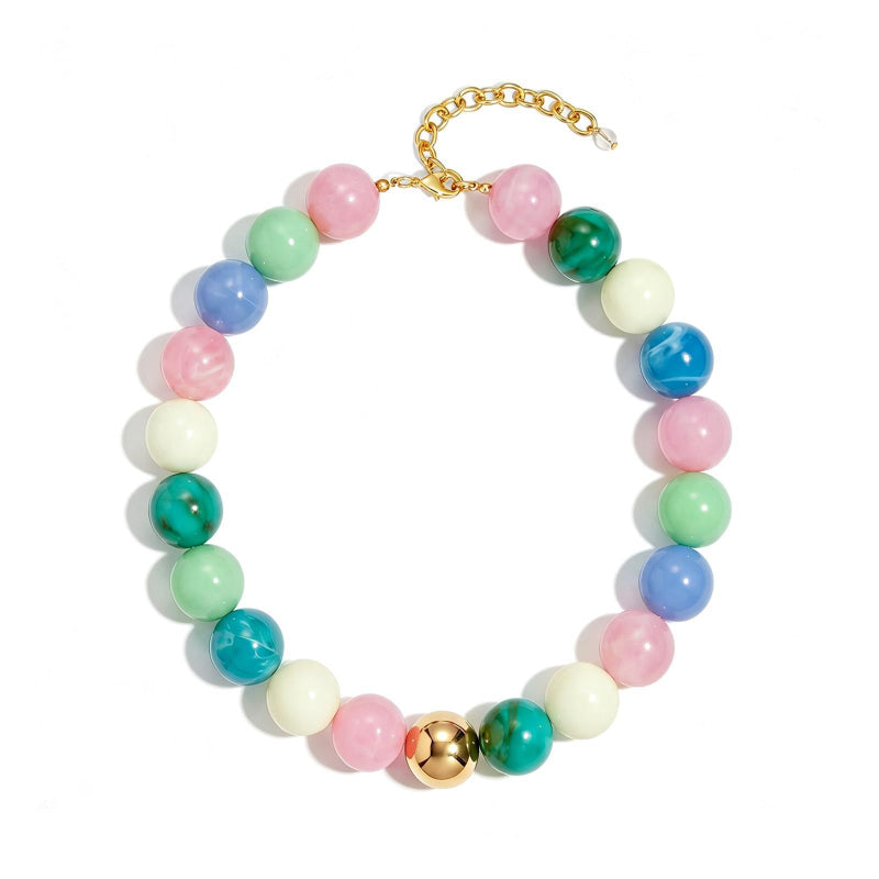 Marbled Resin Round Bead Choker Necklace, Adjustable Gold Chain Bold Statement Summer Women Collar Jewelry