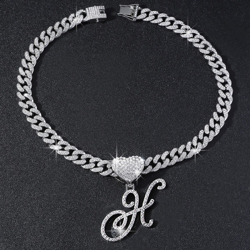 Cursive Initial Letter Necklace With Heart Charm Iced‑Out Cuban Chain, Hip-Hop/Punk Style