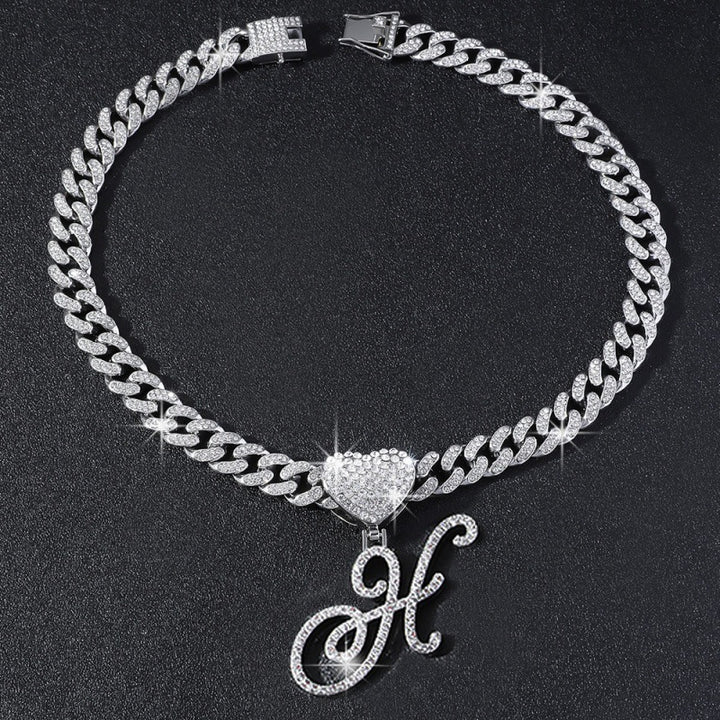 Cursive Initial Letter Necklace With Heart Charm Iced‑Out Cuban Chain, Hip-Hop/Punk Style