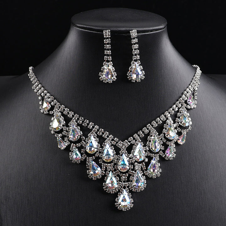 Teardrop Colored Gem Diamond Halo Bib Jewelry Set, Silver Gala Necklace & Drop Earring Kit
