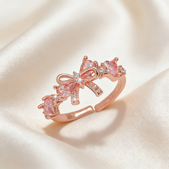 Cute Bow Open Ring, Pink Heart-Shaped Stone Bow Statement Ring for Women, 3 Color Available