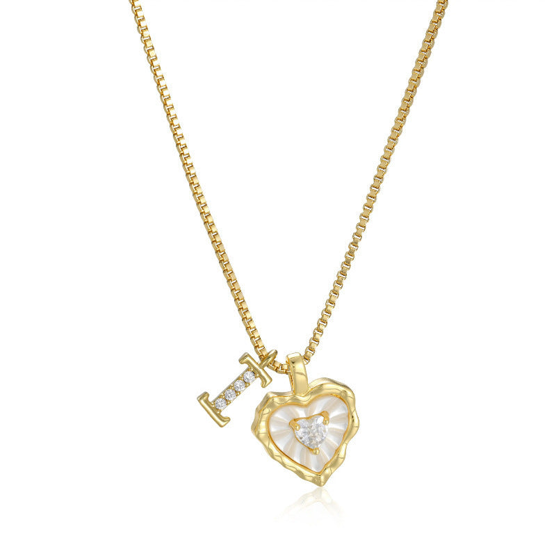 26 Letters Custom Initial Mother-of-Pearl Heart Pendant Necklace, 14K Gold Dainty Personalized Collarbone Jewelry