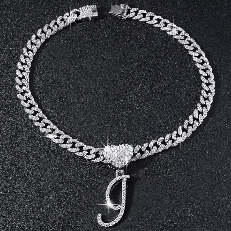 Cursive Initial Letter Necklace With Heart Charm Iced‑Out Cuban Chain, Hip-Hop/Punk Style