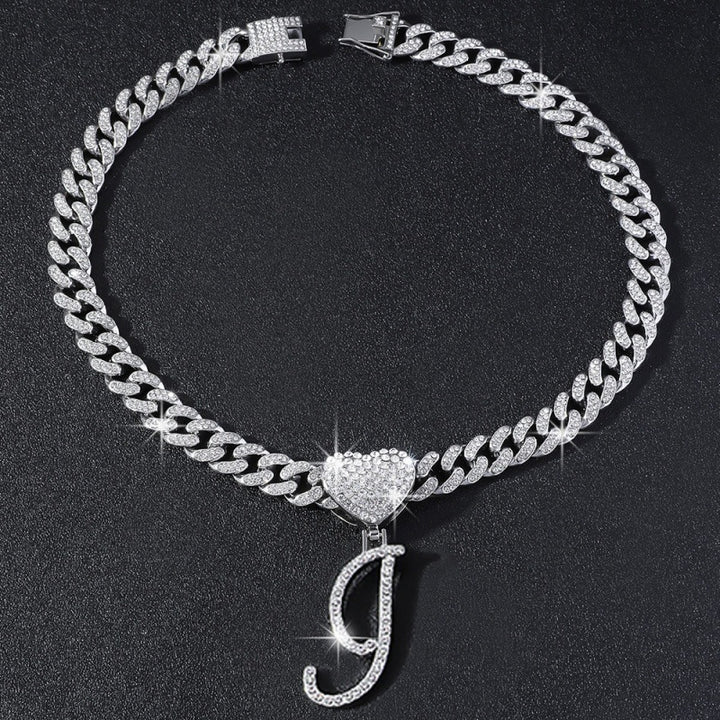 Cursive Initial Letter Necklace With Heart Charm Iced‑Out Cuban Chain, Hip-Hop/Punk Style
