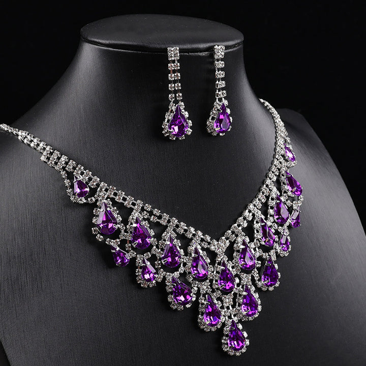 Teardrop Colored Gem Diamond Halo Bib Jewelry Set, Silver Gala Necklace & Drop Earring Kit