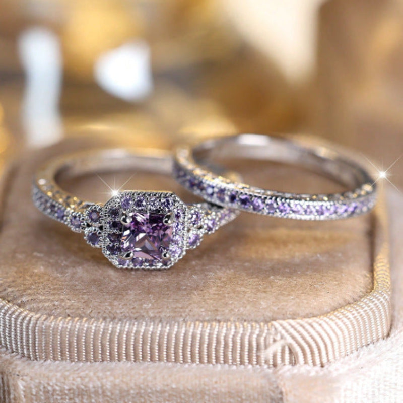 Cushion Cut Halo Bridal Ring Duo, Vintage Pave Stackable Stackable rings