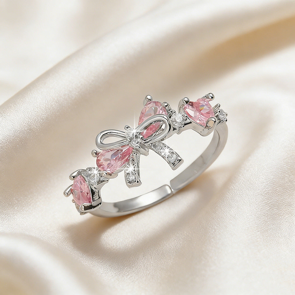 Cute Bow Open Ring, Pink Heart-Shaped Stone Bow Statement Ring for Women, 3 Color Available